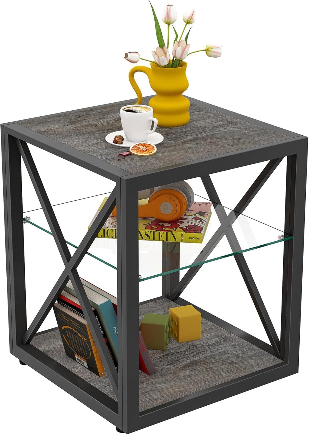 Farmhouse End Table, Modern Side Table with 3-Tier Storage Shelf, Square Rustic Nightstand, Accent Tea Table, for Bedroom Office Living Room, Grey, Natural Wood, Glass, Metal