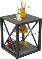 Farmhouse End Table, Modern Side Table with 3-Tier Storage Shelf, Square Rustic Nightstand, Accent Tea Table, for Bedroom Office Living Room, Grey, Natural Wood, Glass, Metal