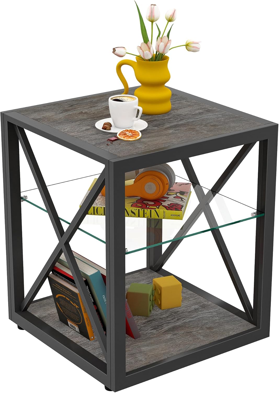 Farmhouse End Table, Modern Side Table with 3-Tier Storage Shelf, Square Rustic Nightstand, Accent Tea Table, for Bedroom Office Living Room, Grey, Natural Wood, Glass, Metal