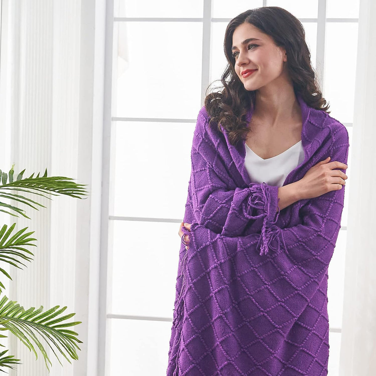 inhand Valentine's Day Gifts Throw Blanket Purple for Couch, Soft Living Room Home Decor Twin Size Knitted Blanket, Outdoor Lightweight Breathable Summer Blanket, Farmhouse Woven Decorative, 60"x80"