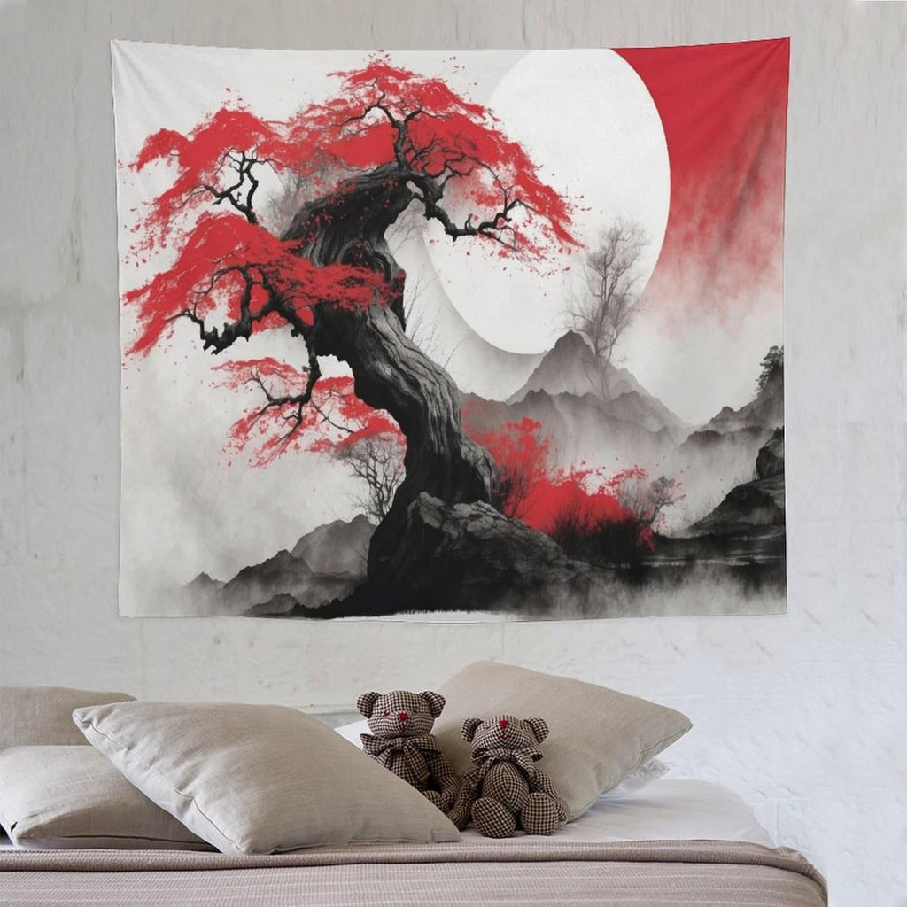 Cherry Blossoms Tapestry,Japanese Red Landscape Asian Watercolor Abstract Art Tapestry,Japanese Wall Tapestry, Nature Landscape Tapestries for Bedroom Living Room Decor 60"x50"