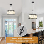 15.7" Black Drum Chandelier,3-Light Modern Farmhouse Chandelier,White Fabric Drum Shade Pendant Light Fixture for Dining Room Kitchen Island Bedroom Entryway