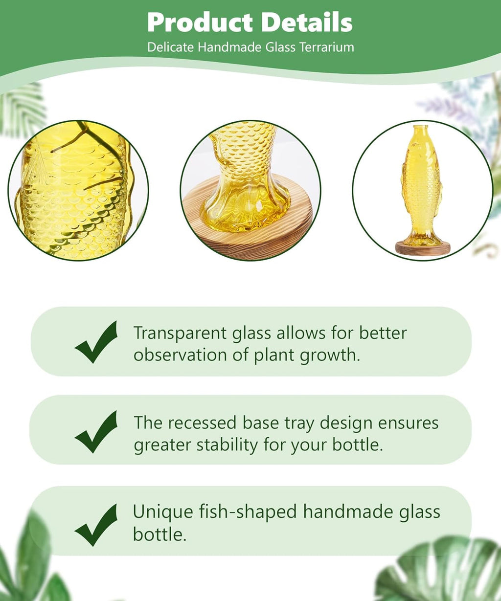 Nacome Fish Vase Glass Plant Terrarium with Wooden Stand,Planter Propagation Station for Home Office Hydroponics Desk Decoration,Unique Gardening Gifts for Plant Lovers Women Mom(Yellow)
