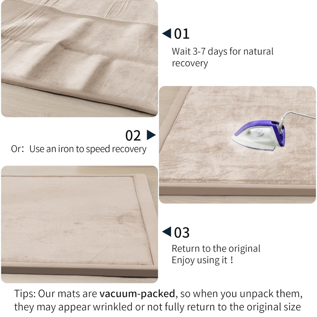 ACOMOPACK Baby Play Mat for Floor 1.3" Thick Memory Foam Play Mat 79"×118" Tummy Time Crawling with Non-Slip Bottom for Living Room,Nursery,Soft Velvet Playpen Mats for Kids,Infants（Beige）