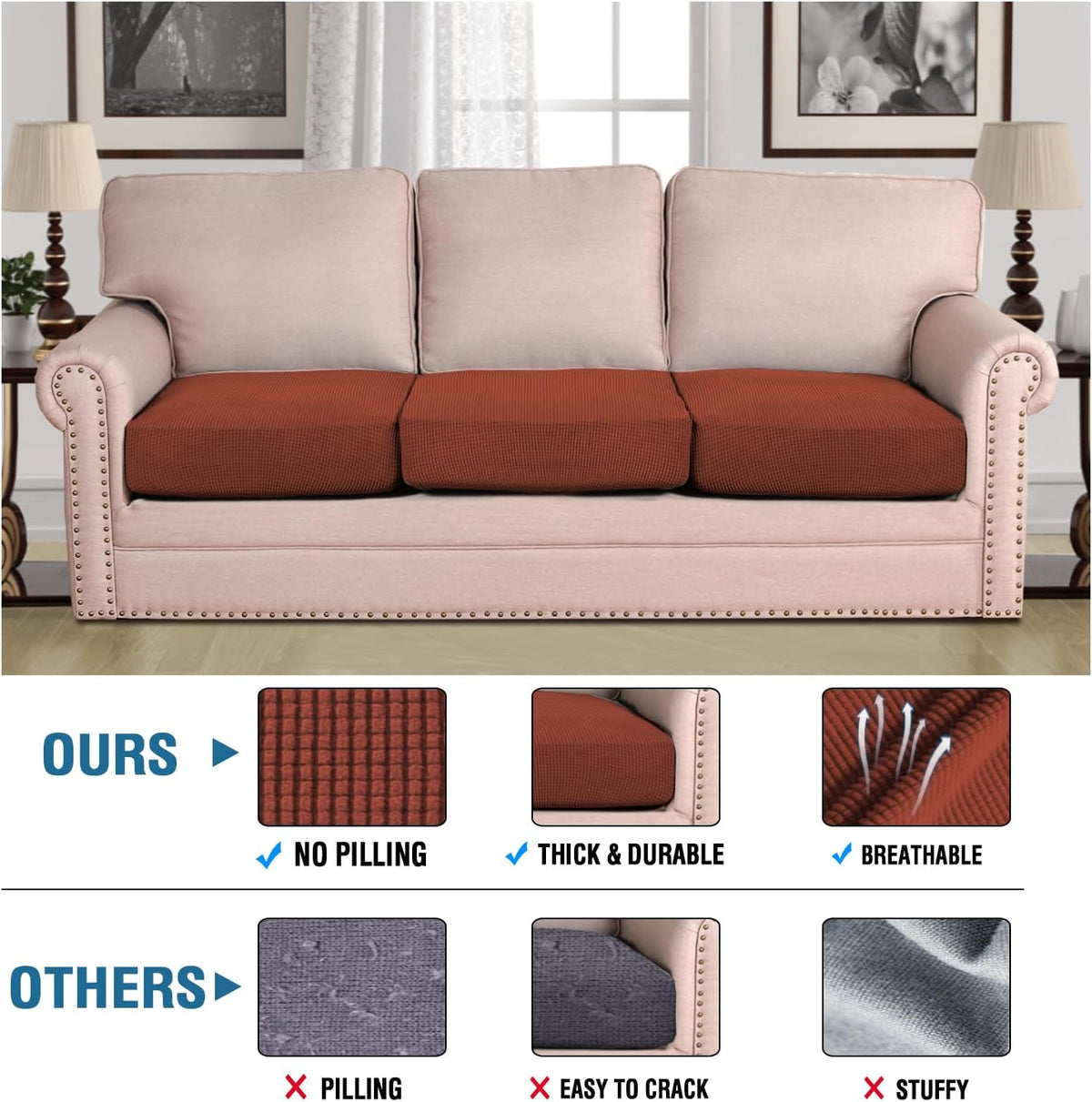 H.VERSAILTEX Super Stretch Individual Seat Cushion Covers - Sofa & Couch Cushion Slipcover Sets - Thick Jacquard Textured Twill Fabric (3 Piece, Rust)