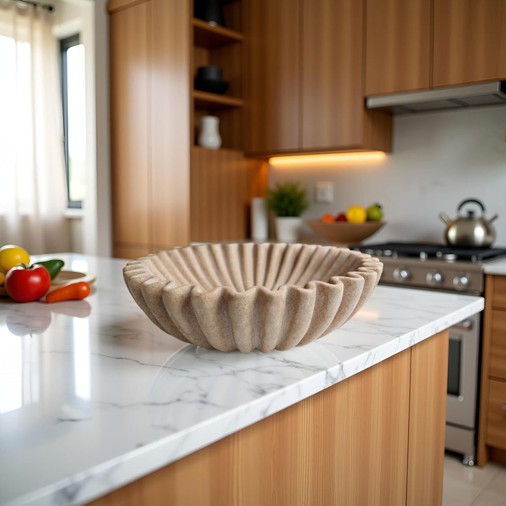 10" Large Decorative Bowl decor, Scalloped Bowls for Modern Home Decor,Ruffle Decor,Stylish Key Bowl for Entry Table,Decorative Fruit Bowl for Kitchen Counter,Artificial Stone Beige