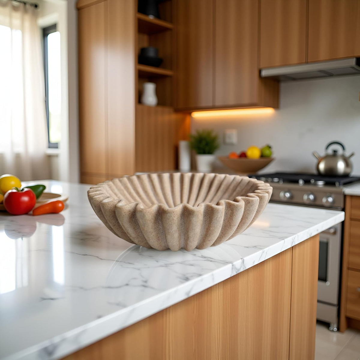 10" Large Decorative Bowl decor, Scalloped Bowls for Modern Home Decor,Ruffle Decor,Stylish Key Bowl for Entry Table,Decorative Fruit Bowl for Kitchen Counter,Artificial Stone Beige
