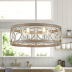 XINGQI 21.7'' Modern Farmhouse Chandelier Drum Pendant Lighting Fixture Hanging Ceiling Lamp for Living Dining Room Over Table, 5 Lights Antique Wood Grain Brushed Nickel with Round Metal
