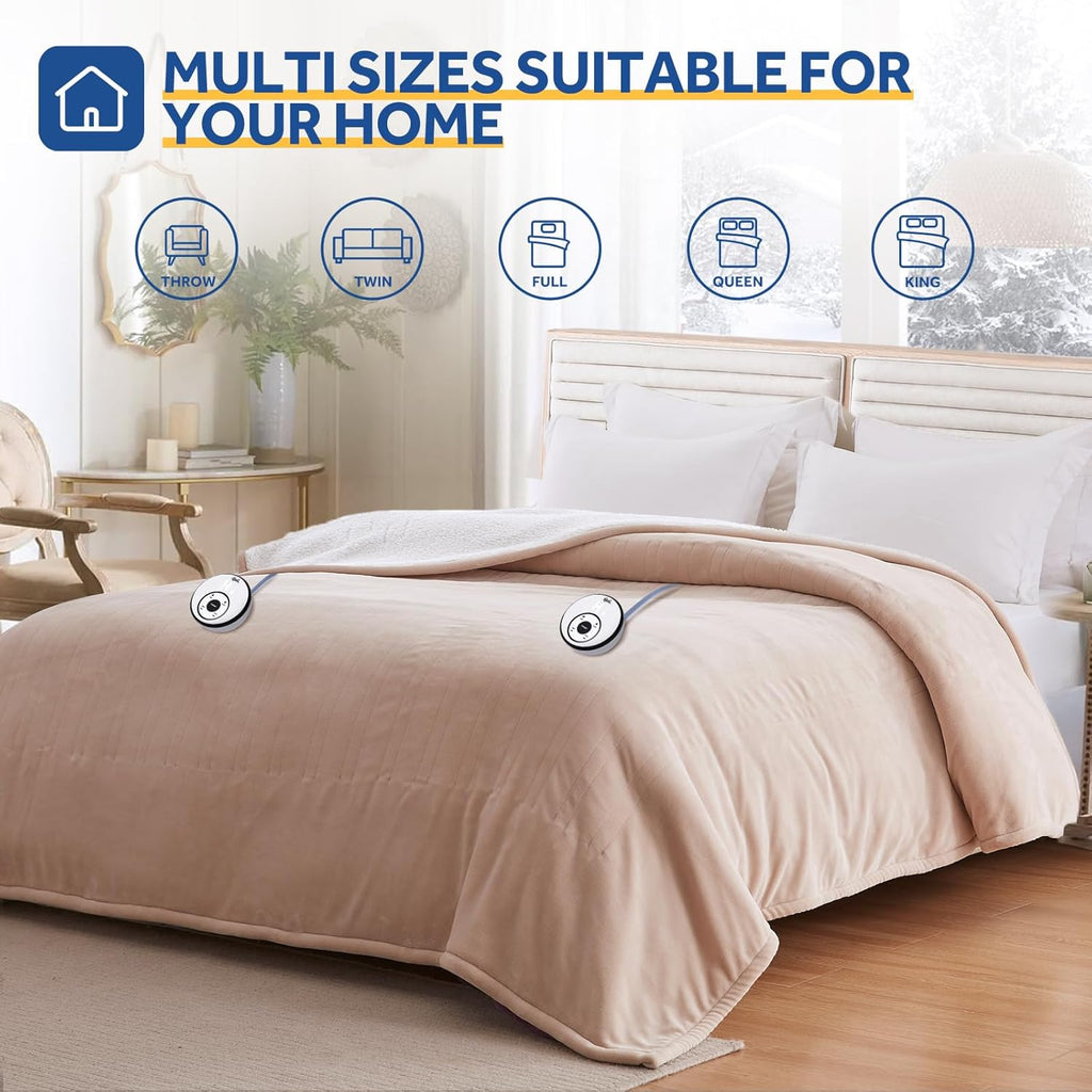 Sealy Electric Blanket King 100"*90",Super Cozy Flannel to Sherpa Reversible Heated Blanket King Size with 10 Heating Levels & 1-12 Hours Auto Off Overheating Protection Machine Washable,Beige
