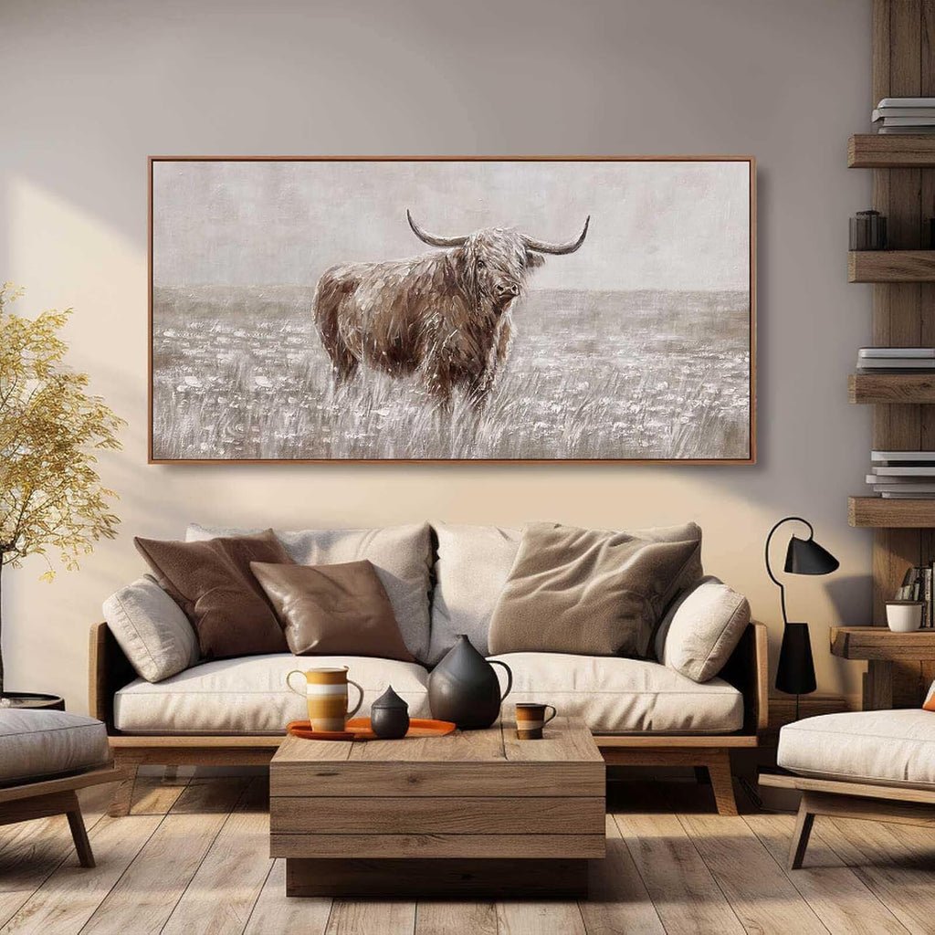 MLART99 Vintage Brown Highland Cow Painting Farmhouse Wall Art with Frame Country Decor Animal Poster for Living Room Bedroom Decor Ready to Hang 24x48
