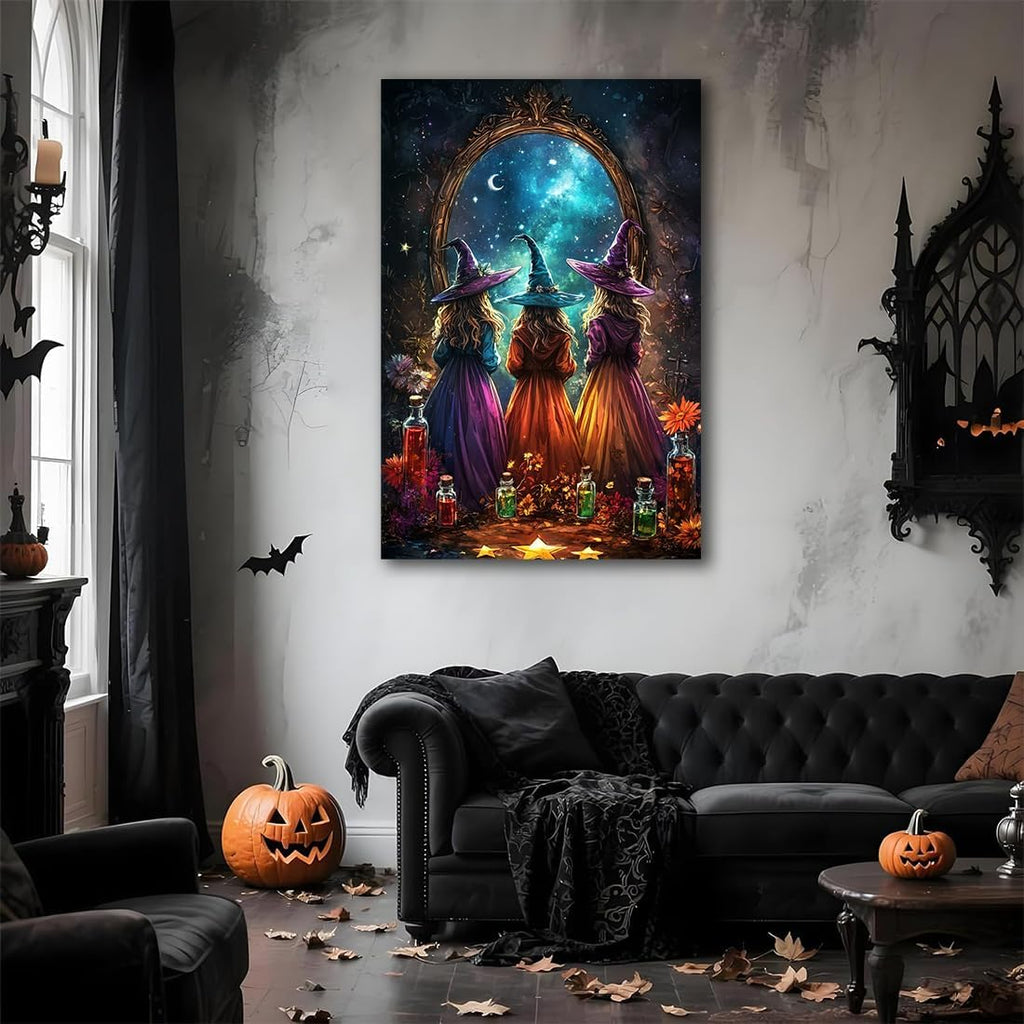 Witch Poster Halloween Fall Wall Art Decor,Three Witches with Magic Potion Mirror Colorful Vintage Print,Dark Academia Spooky Canvas Art Prints for Home Living Room,24"x36" Framed