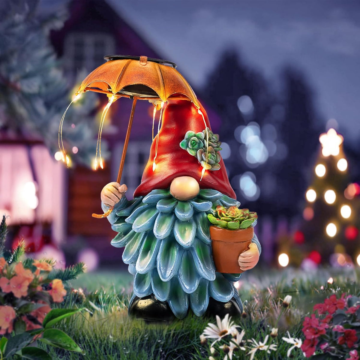 Solar Outdoor Statues Gnome Garden Decor, Garden Gnome with Solar LED Umbrella Decorative for Patio, Balcony, Lawn, Yard Ornament - Unique Gardening Gifts for Mom Grandma