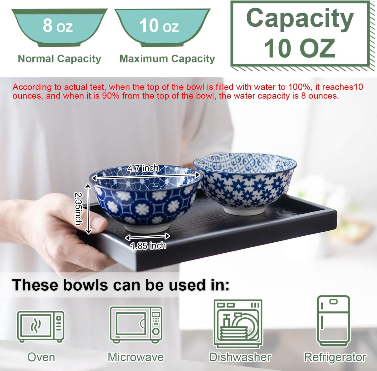 Blue and White Ceramic Bowls Set of 6, 4.7in Small Dessert bowl 10 oz for ice cream, Snack, Porcelain bowl for Dipping,Dishwasher/Microwave safe