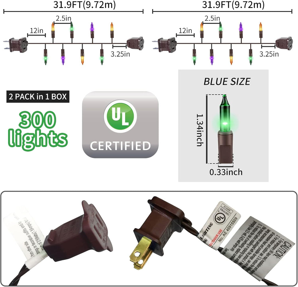 Brown Wire, Multicolor Incandescent Bulb 300 Mini String Lights for Indoor Halloween Tree Home Party Festival Decoration