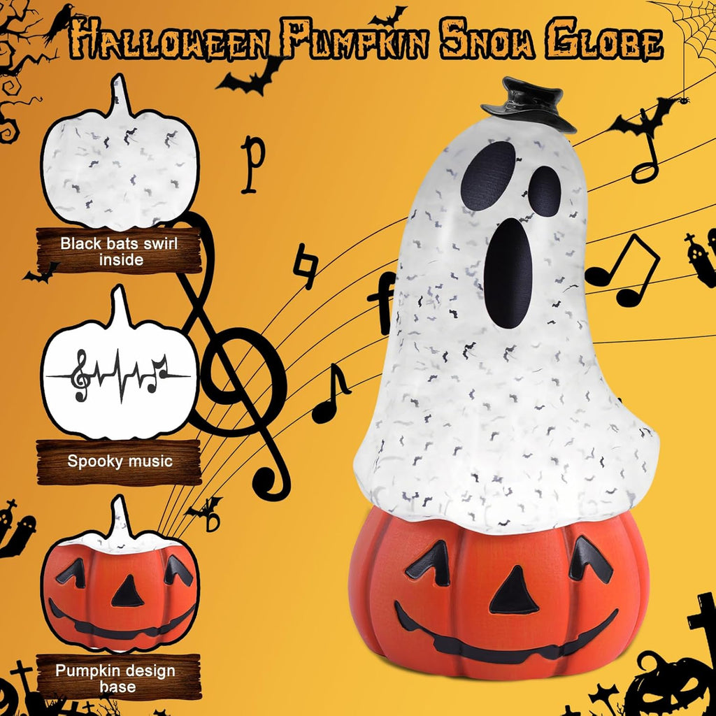 Halloween Snow Globe Lantern Spooky Glost and Pumpkin Halloween Snow Globes Musical Water Glitter Globe with 6H Timer Battery Operated or USB Powered for Spooky Home Decorations (Ghost and Pumpkin)