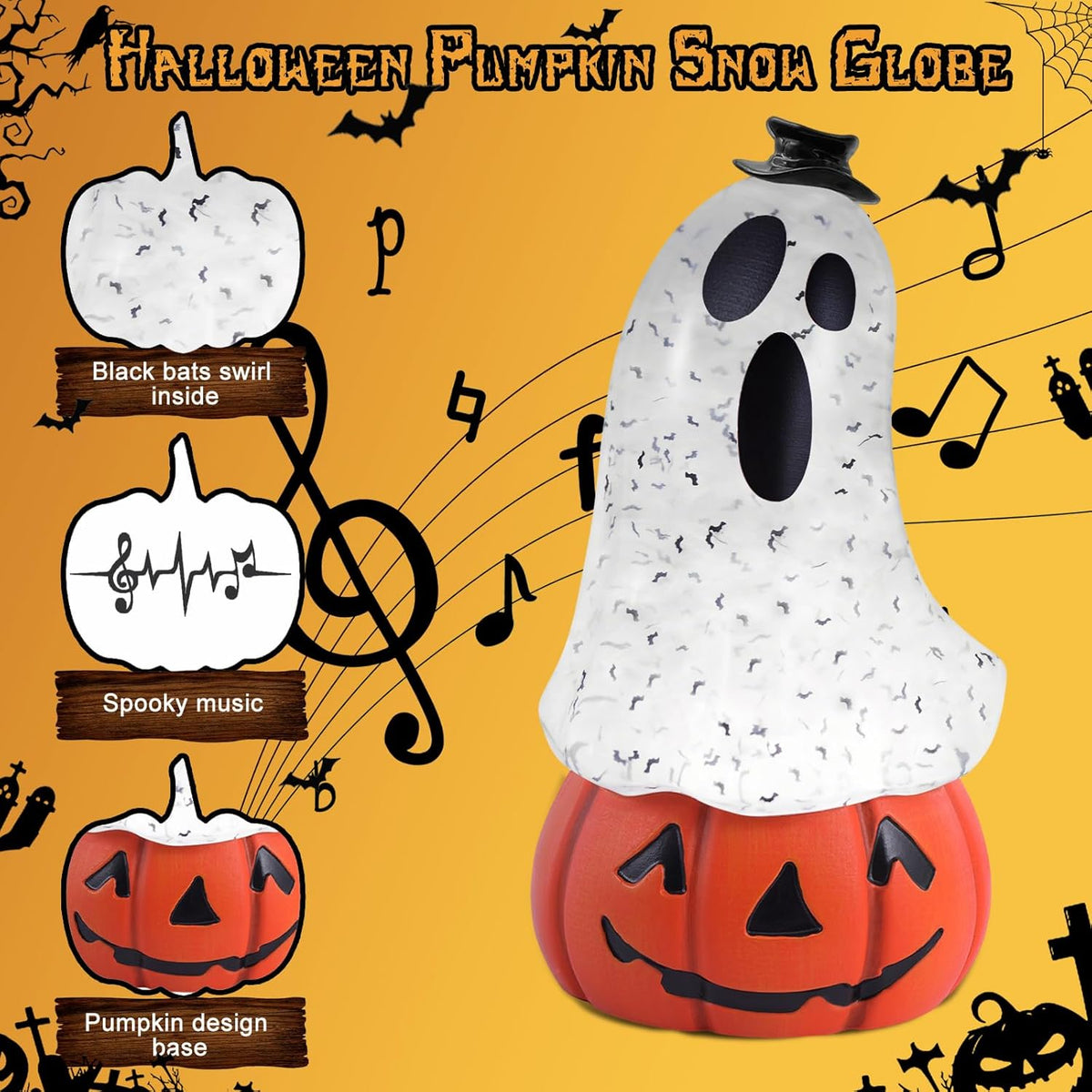 Halloween Snow Globe Lantern Spooky Glost and Pumpkin Halloween Snow Globes Musical Water Glitter Globe with 6H Timer Battery Operated or USB Powered for Spooky Home Decorations (Ghost and Pumpkin)