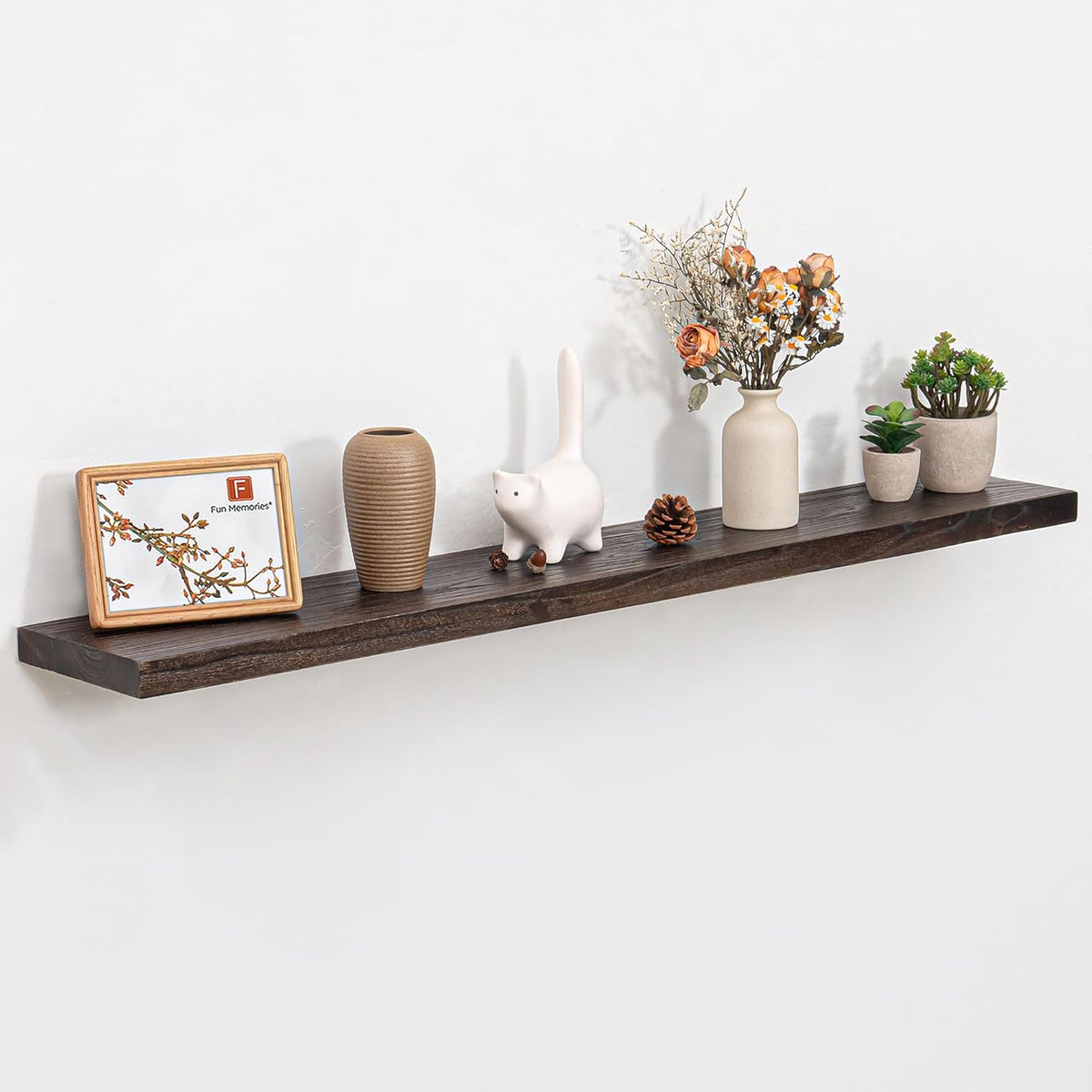 Fun Memories Wood Floating Shelves for Wall, 48 Inch Floating Shelves Wall Mounted, Rustic Elm Wood Shelf for Home Decor, Heavy-Duty Storage Shelves for Living Room, Bathroom, Kitchen, Walnut Finish