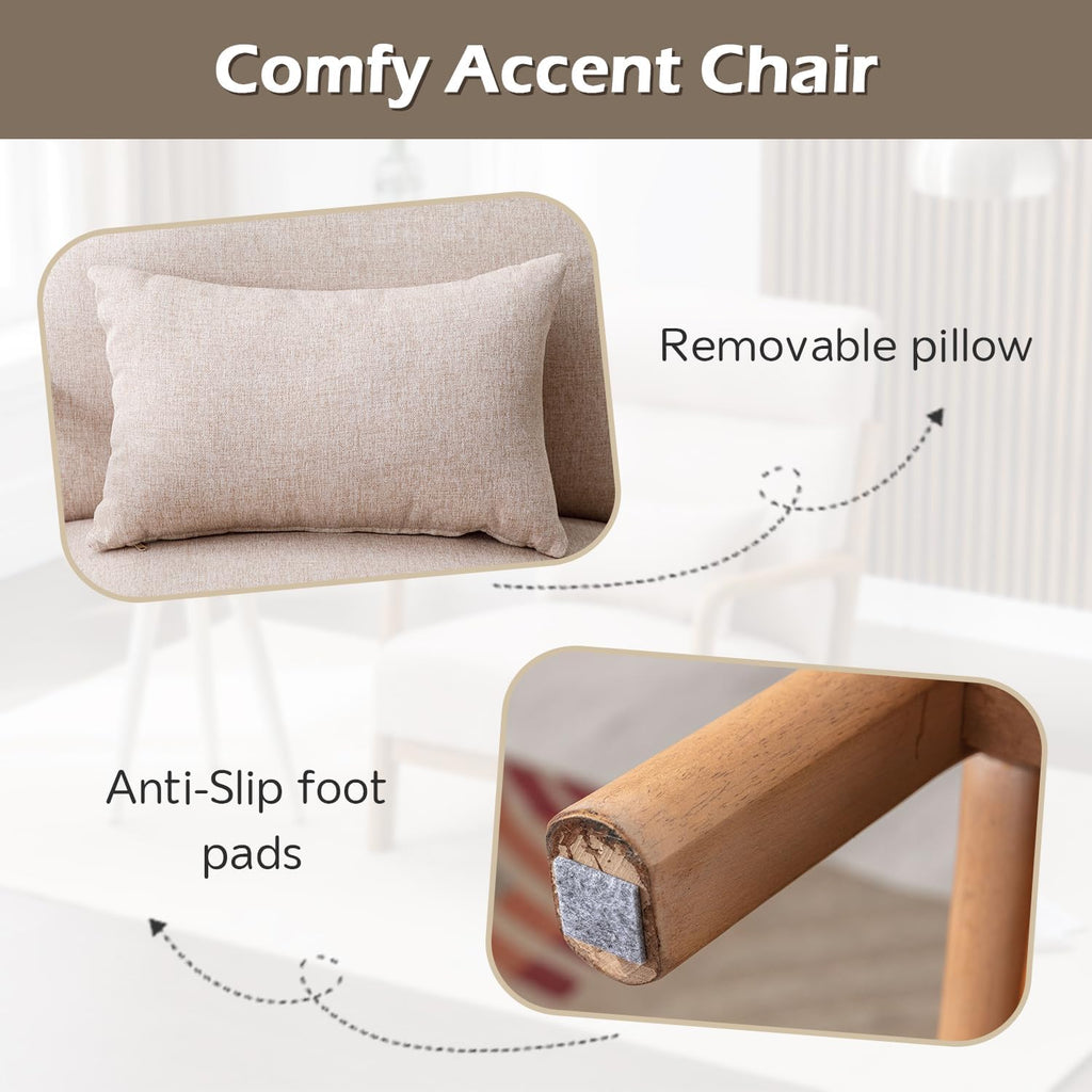 INZOY Mid Century Modern Accent Chair with High Back, Upholstered Living Room Chairs with Waist Cushion, Wood Frame Reading Armchair for Bedroom Sunroom, Beige