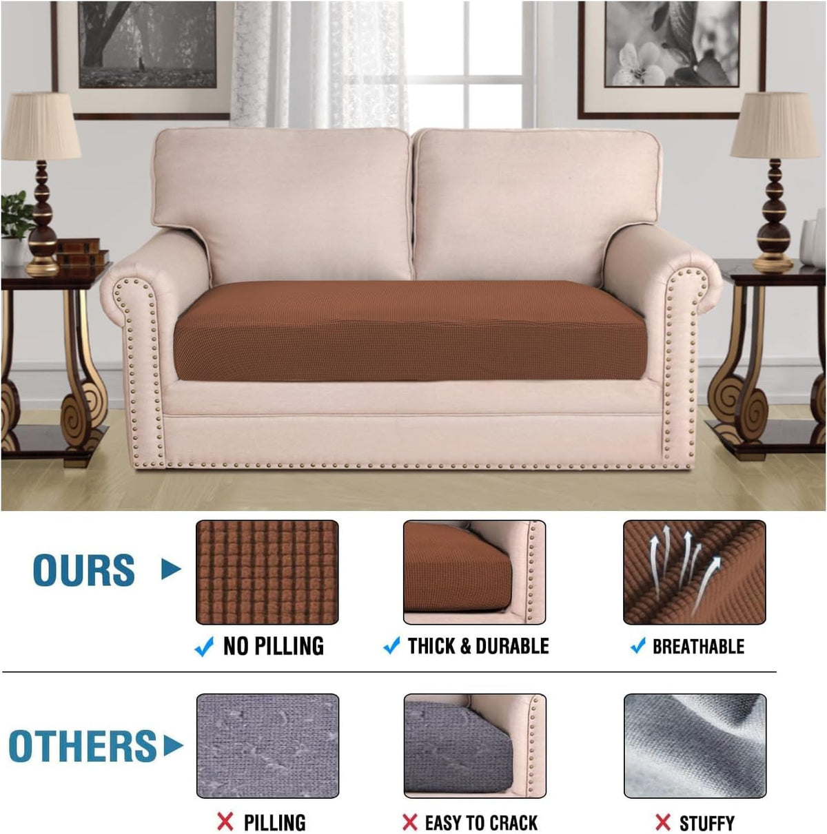 H.VERSAILTEX Super Stretch Individual Seat Cushion Covers Sofa Covers Couch Cushion Covers Slipcover Sets Thick Jacquard Textured Twill Fabric (1 Piece Loveseat Cushion Cover, Caramel)