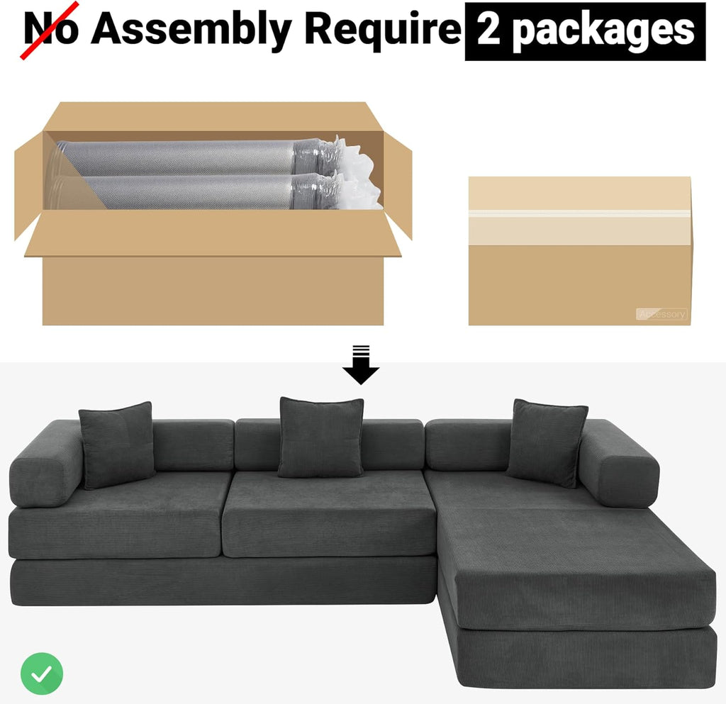 108" Oversized Convertible Sleeper Sofa Bed, Corduroy L Shape Sectional Couch, Folding Sofa Bed with Side Pocket, Modern Cloud Floor Mattress Couch, Modular Sofa for Living Room, Grey