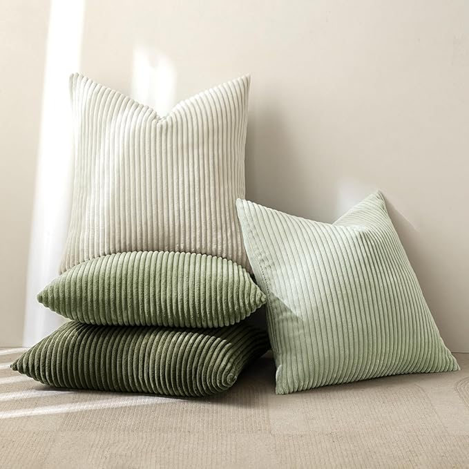 MIULEE Soft Corduroy Decorative Throw Pillow Covers Light Green 18x18 | Set of 4 - Image 4