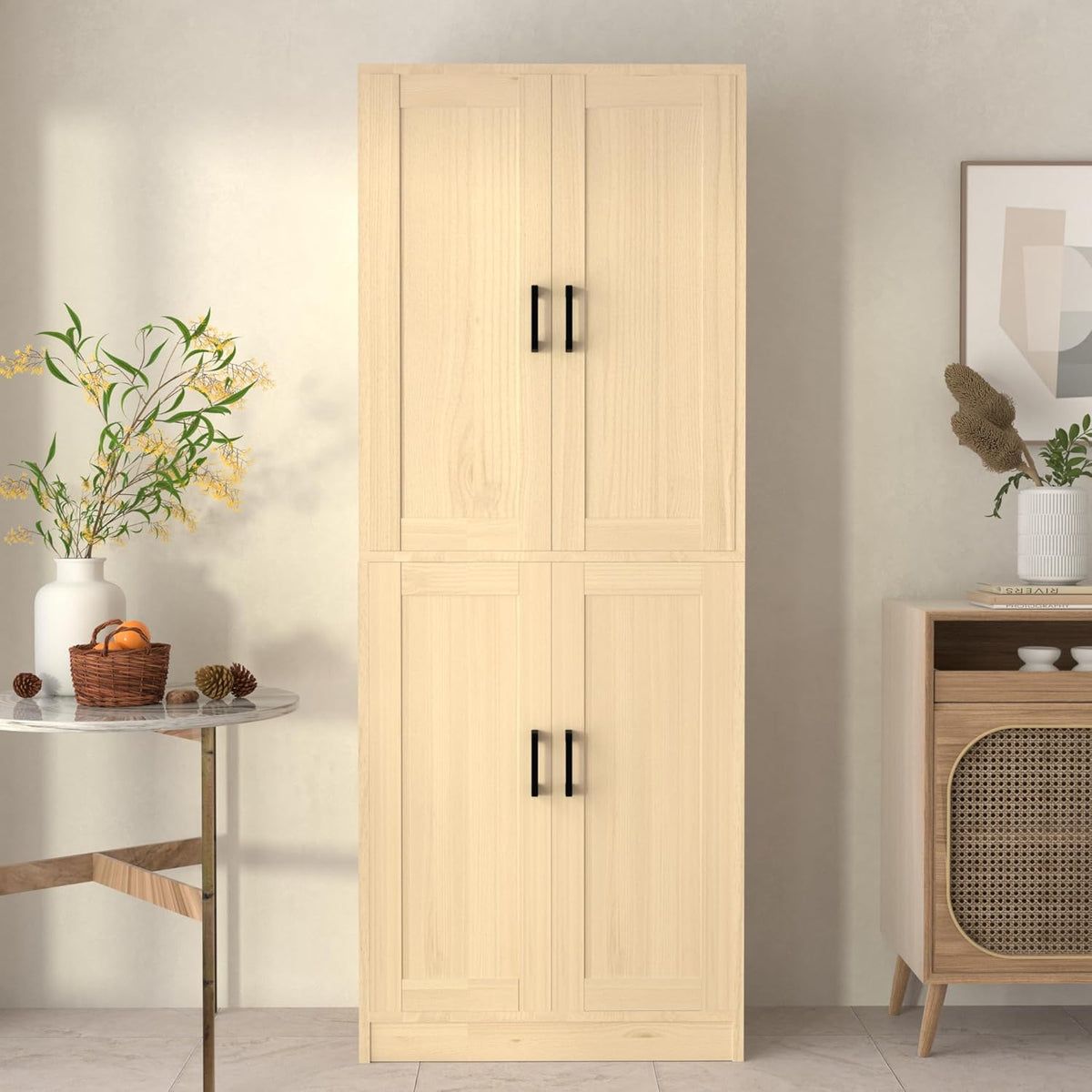 Oak Kitchen Pantry, 71" Tall Cabinet with Doors, Hutch with Storage for Dining Room