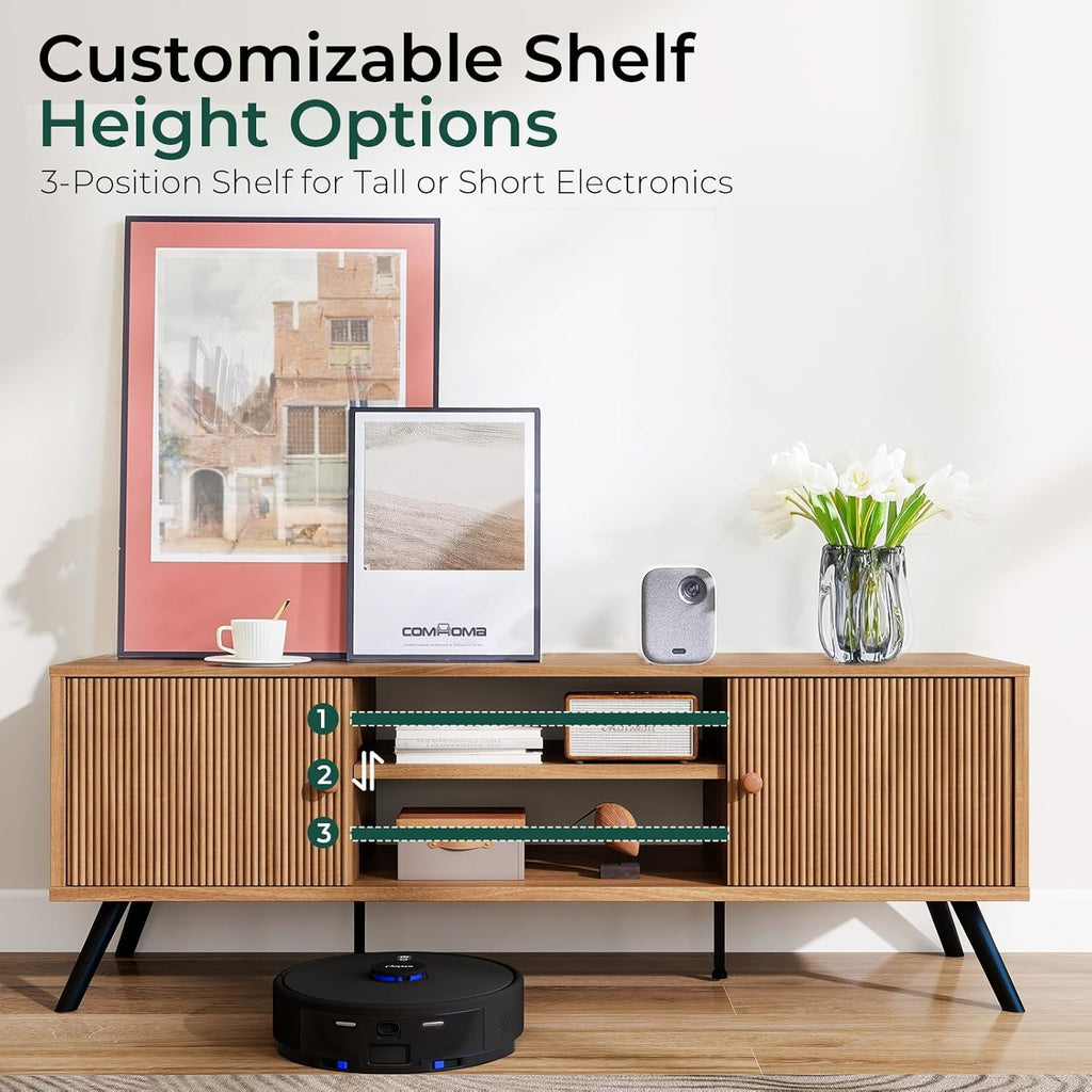 COMHOMA TV Stand for Living Room, Mid Century Modern Entertainment Center for 55/60/65 Inch TVs, Retro Brown TV Console with Fluted Door Cabinets and Open Adjustable Shelve Storage for Bedroom