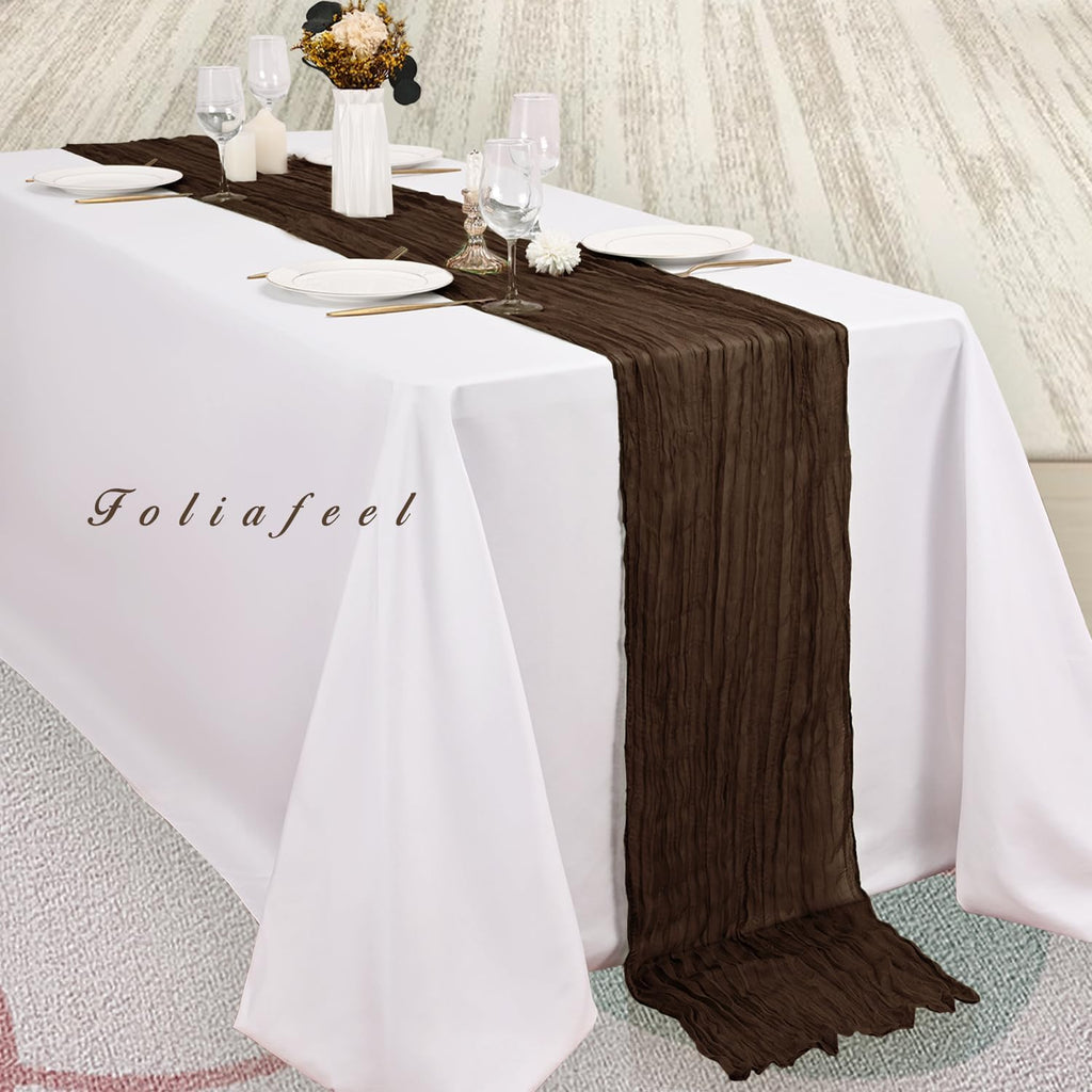 10FT 12 Pack Brown Cheesecloth Table Runner 20 x 120 Inch Long Boho Fabric Rustic Cheese Cloth Table Runner for Wedding Bridal Shower Baby Shower Gauze Sheer Birthday Party Table Decorations