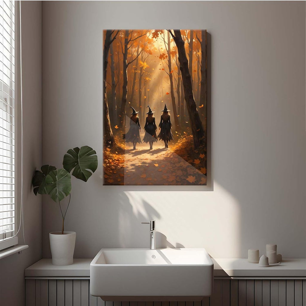 JFHCQJPK Three witches walking in the forest in autumn canvas painting gothic poster halloween print country witch wall art for home decoration12x16in Frameless