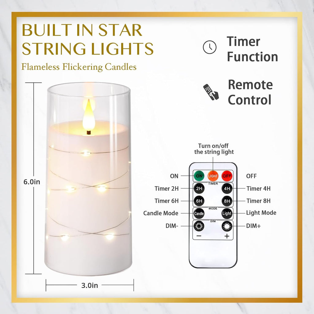 NURADA Flickering Flameless Candles: Built-in Star String Lights, Acrylic Battery Operated LED Pillar Candles with Remote and Timer for Romantic Mood Home Decoration - 2 Pack Pure White