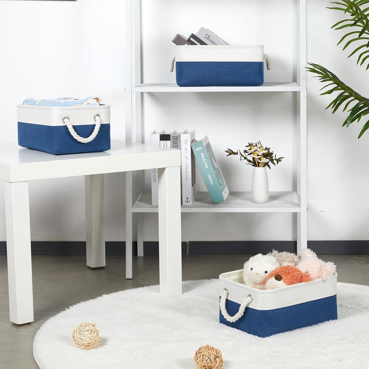 Bidtakay Small Storage Baskets for Shelves 3 Pack Fabric Storage Bins for Organizing Linen Collapsible Organizer for Closet-White&Blue