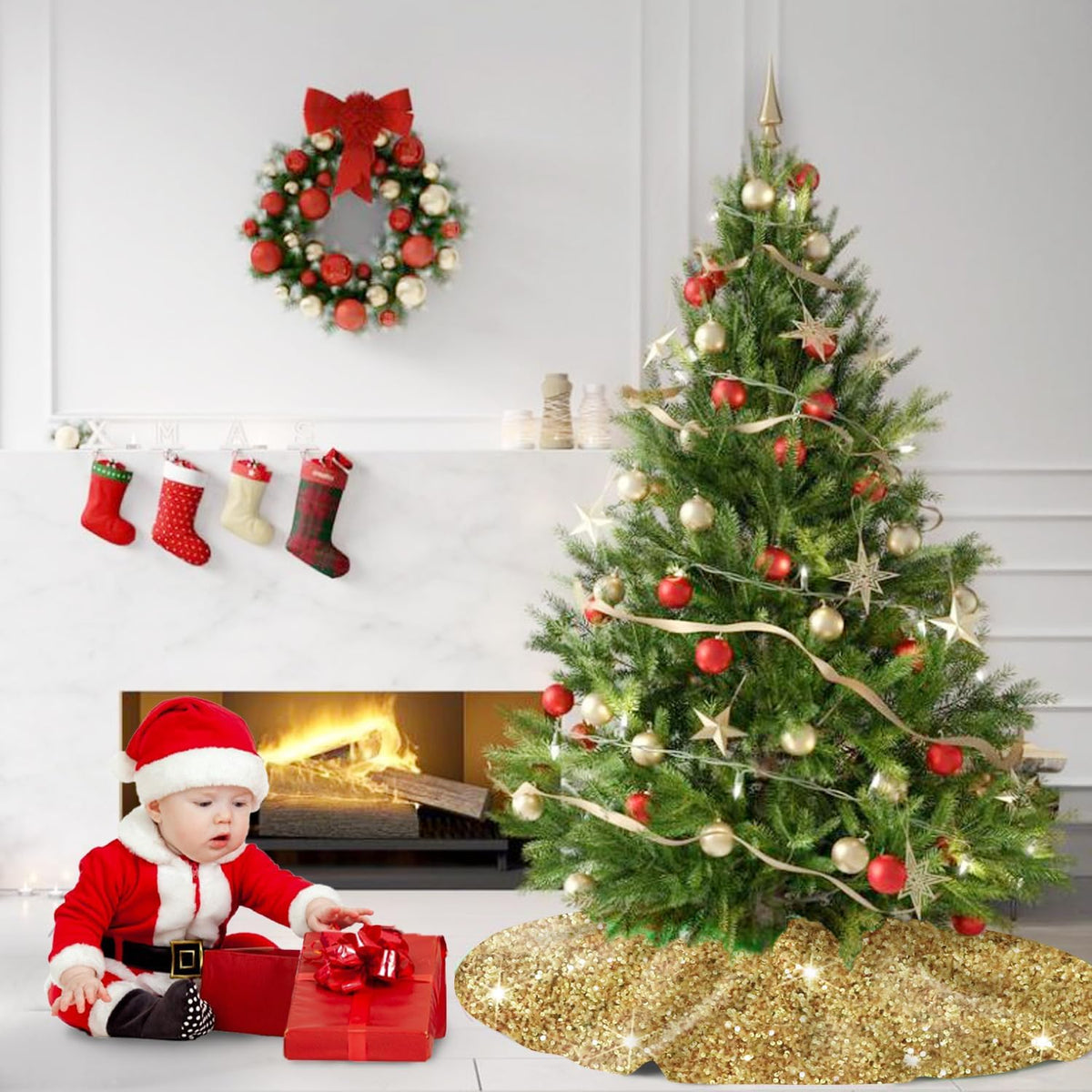 Gold Tree Skirt 46 Inch Shiny Sequin Christmas Tree Skirt Christmas Decorations for Feast Tree Velour Glittery Xmas Tree Skirts Round Metallic Christmas Tree Mat Skirt Vintage Sequins Tree Blanket.