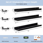 Picture Ledge Wall Shelves 24 inches Width Set of 3, Solid Pine Wood Rustic Floating Ledge Shelves for Kids' Room Bedroom Kitchen Bathroom Living Room Nursery Display Wall Decor, Black