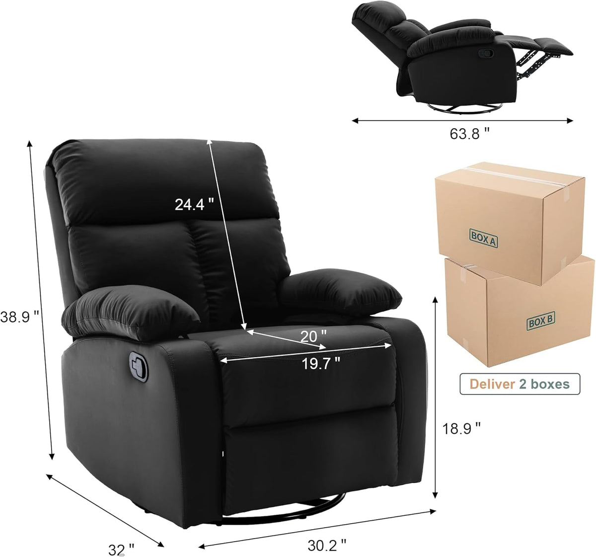 Swivel Rocker Recliner, Rocking Recliners Chair for Small Spaces, Small Rocker Recliner Chair, Nursery Rocking Chairs for Living Room, RV, Nursery, Black