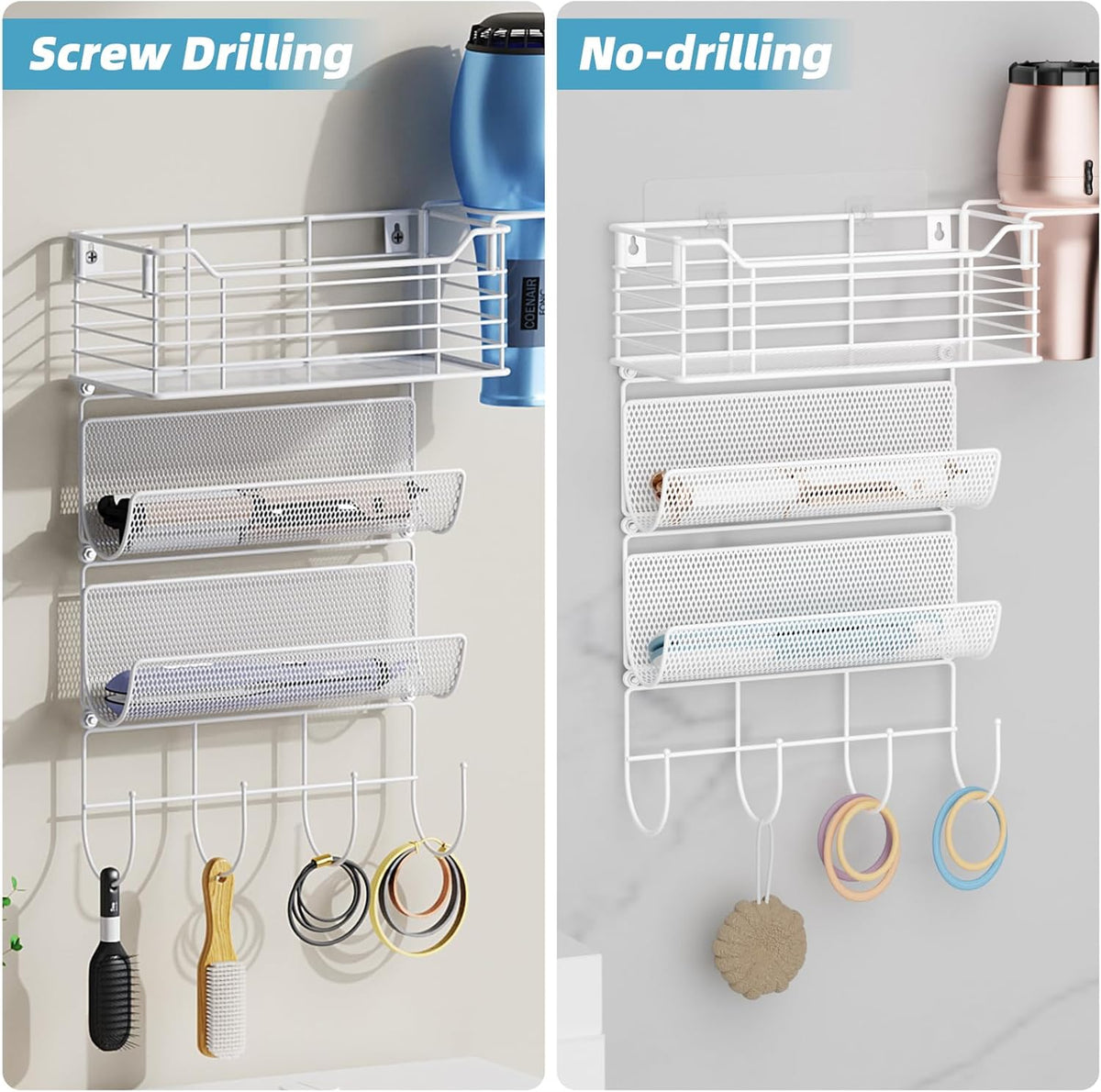 VITVITI Metal Hair Tool Organizer Wall Mount, Hair Dryer Holder with 3 Tier Shelf Basket Hooks, Bathroom Hair Styling Tool Organizer for Curling Iron/Blow Dryer/Straightener, White