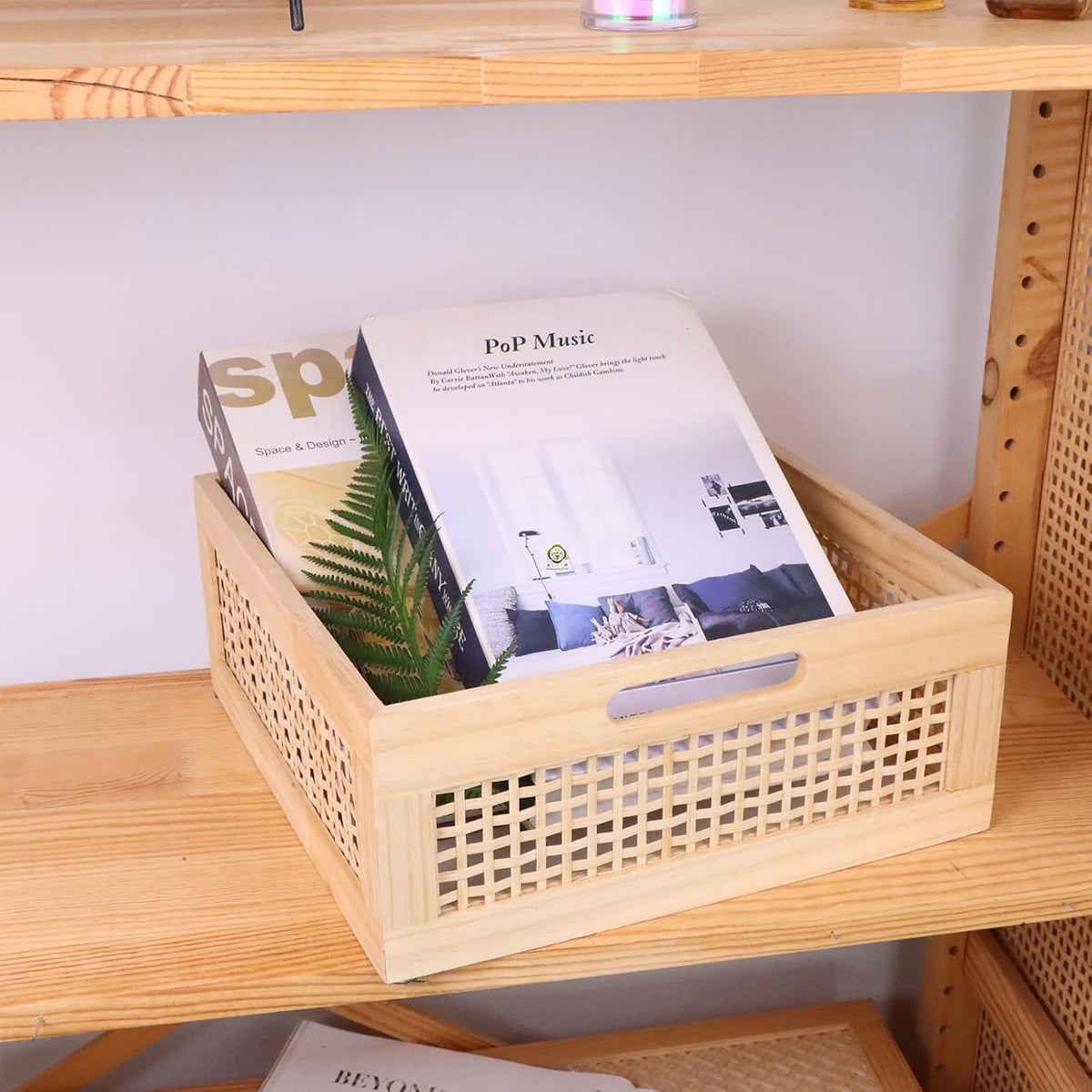 YRMT Wood Storage Crate Basket Rustic Wooden Storage Container for Organizing Decorative Bamboo Box with Handles for Pantry, Shelves Organizer 11.4" x 11.4" x 5" (Natural)