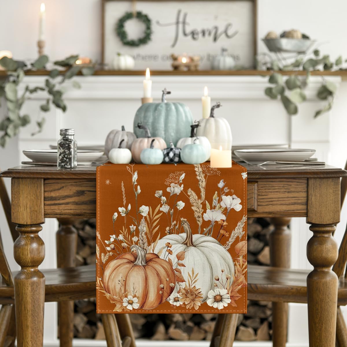 Artoid Mode Orange Pumpkins Leaves Flowers 210 GSM Fall Table Runner, Seasonal Autumn Kitchen Dining Table Decoration for Home Party Decor 13x120 Inch