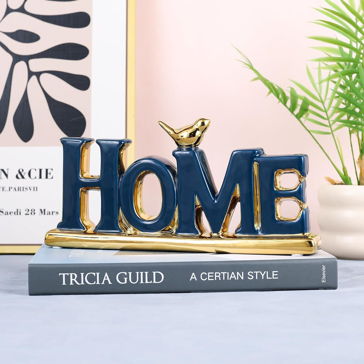 Love Sign Decoration,Blue and Gold Home Signs for Home Decor Statue,Modern Bird Sculpture Personalized Love Decor,Gold Style Figurine Decorative Ornaments for Living Room,Bedroom,Desktop