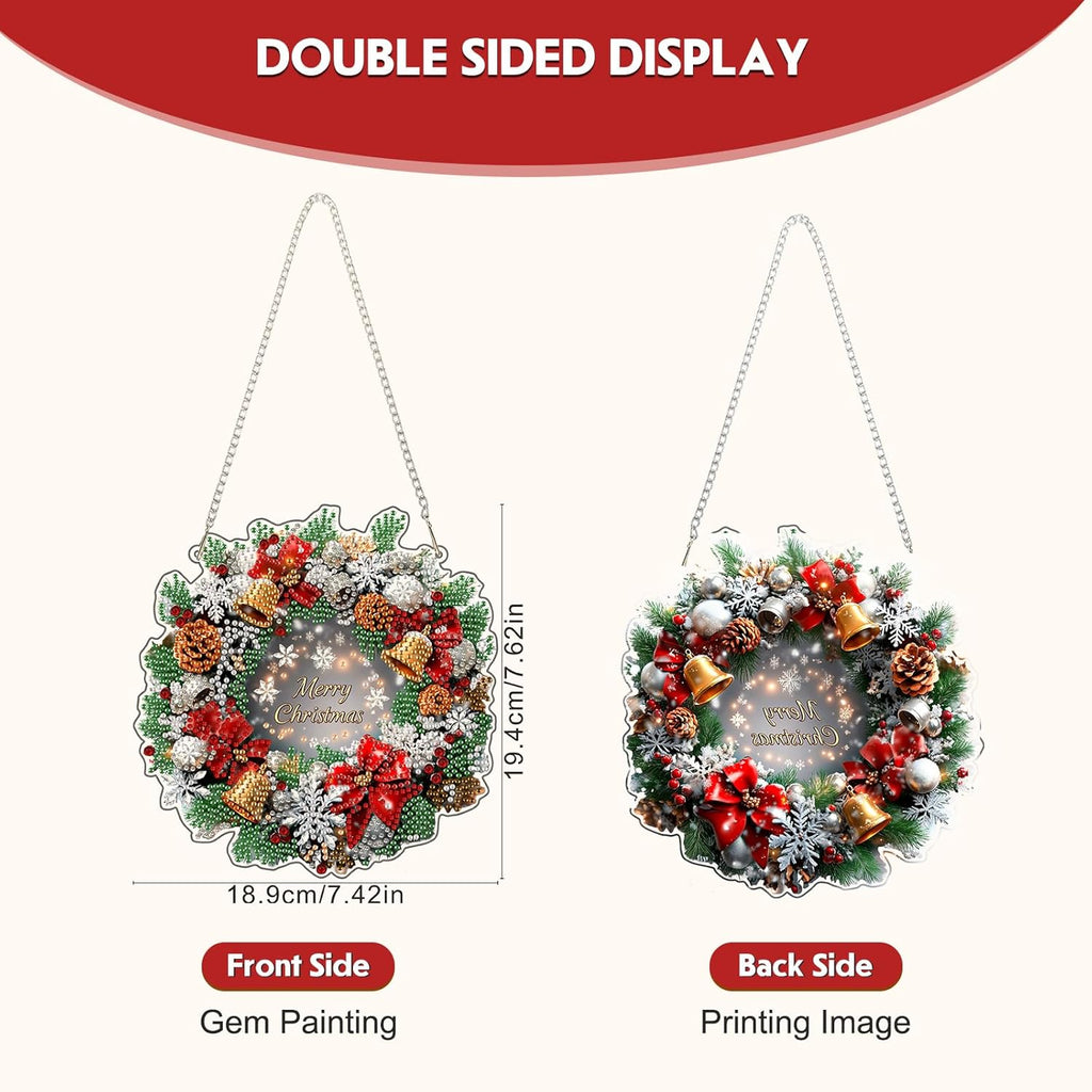 NEWENMO Diamond Art Hanging Kit for Adult, Merry Christmas Wreath, DIY Special Shaped Crystal Acrylic Diamond Art Painting Window Pendants, Diamond Painting Ornament for Home Garden Wall Decor