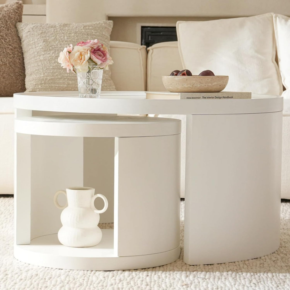 Round Nesting Coffee Table Set of 2,31.5" Large & 18" Small Low Tables with Wood Look Top,Space-Saving Side Tables for Living Room,Bedroom,Office,Minimalist Center Table Set (White, L+S)