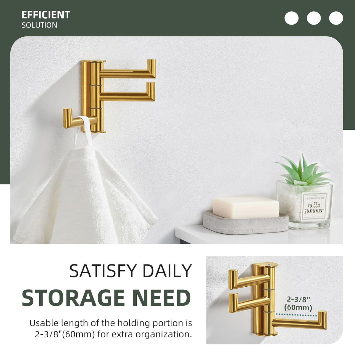 Angle Simple 3 Arms Towel Hook Brushed Gold, 304 Stainless Steel Swivel Triple Towel Holder, Folding Bathroom Hook, Wall Mount