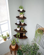 Corner Shelf, Solid Oak Wood Floating Corner Shelf Wall Mount Round End Floating Speaker with Wire Hole for Small Plant Photo for Bedroom Kitchen, Living Room Walnut