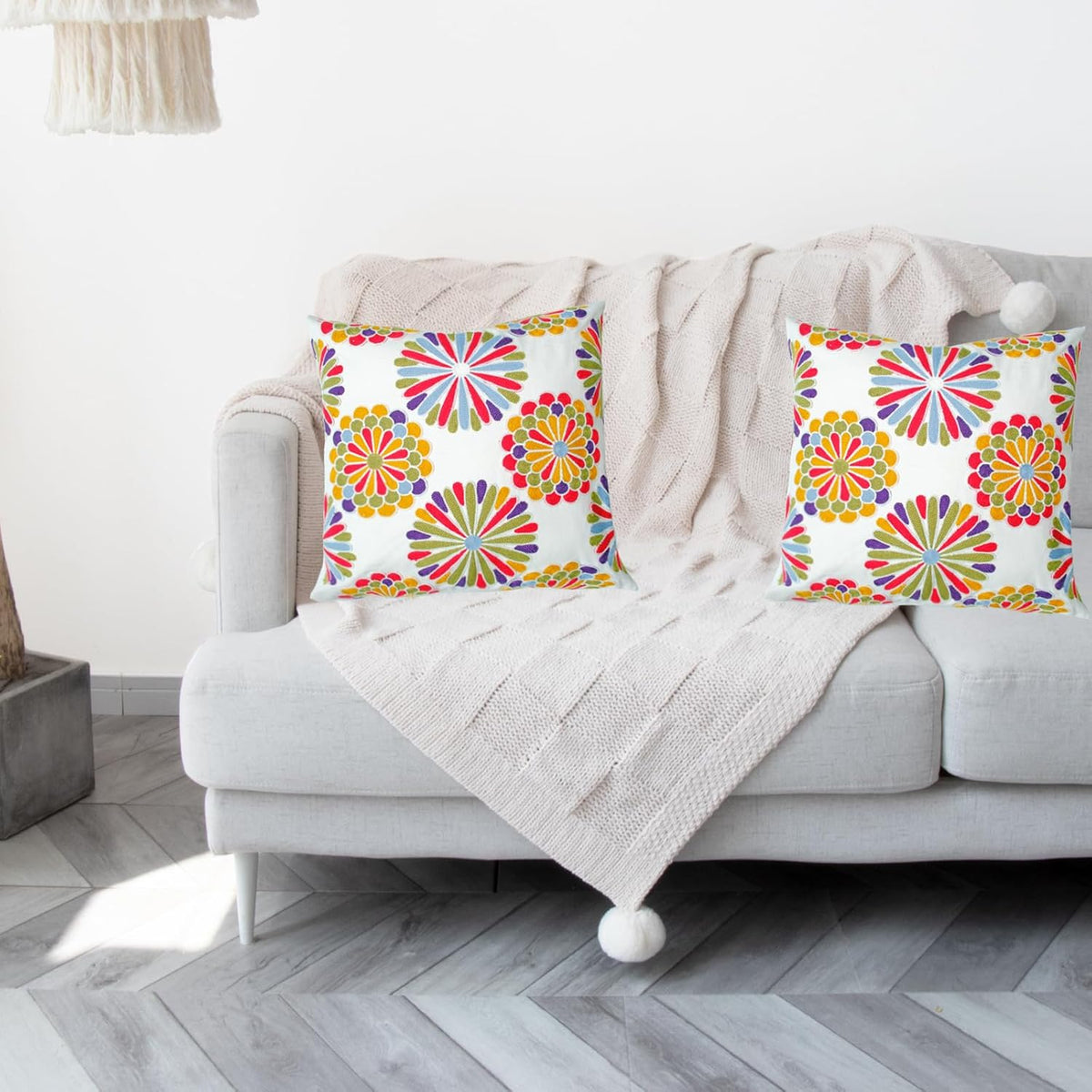 Embroidered Decorative Throw Pillow Cover, 18"x18" Set of 2, Farmhouse Pillowcase Colorful Knit Pattern Cotton Canvas Cushion Case Square Floral Pillow Case for Sofa Couch Bed Living Room
