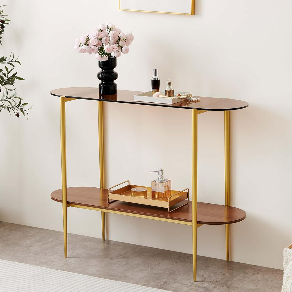 Oval Glass Console Table for Living Room, Foyer & Entrance, 2-Tiers Mid-Century Modern Sofa Table with Amber Glass Top, Walnut Finish Wood Top and Gold Finish Metal Frame
