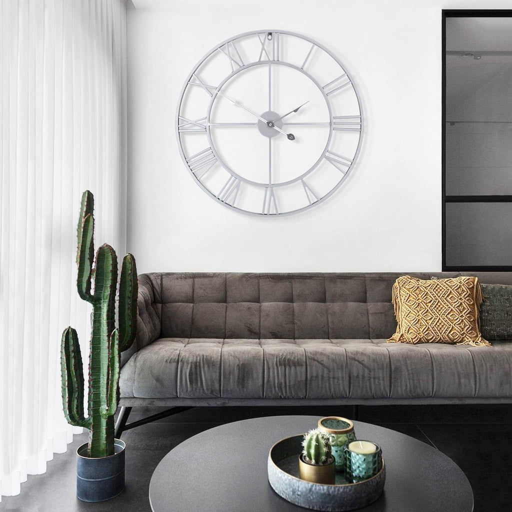 LEIKE 32" Large Modern Wall Clocks,Vintage,Round,Nearly Silent,Little Ticking,Battery Operated,Silver Metal Roman Numerals Clock for Living Room/Bedroom/Kitchen Wall Decor