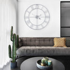 LEIKE 32" Large Modern Wall Clocks,Vintage,Round,Nearly Silent,Little Ticking,Battery Operated,Silver Metal Roman Numerals Clock for Living Room/Bedroom/Kitchen Wall Decor