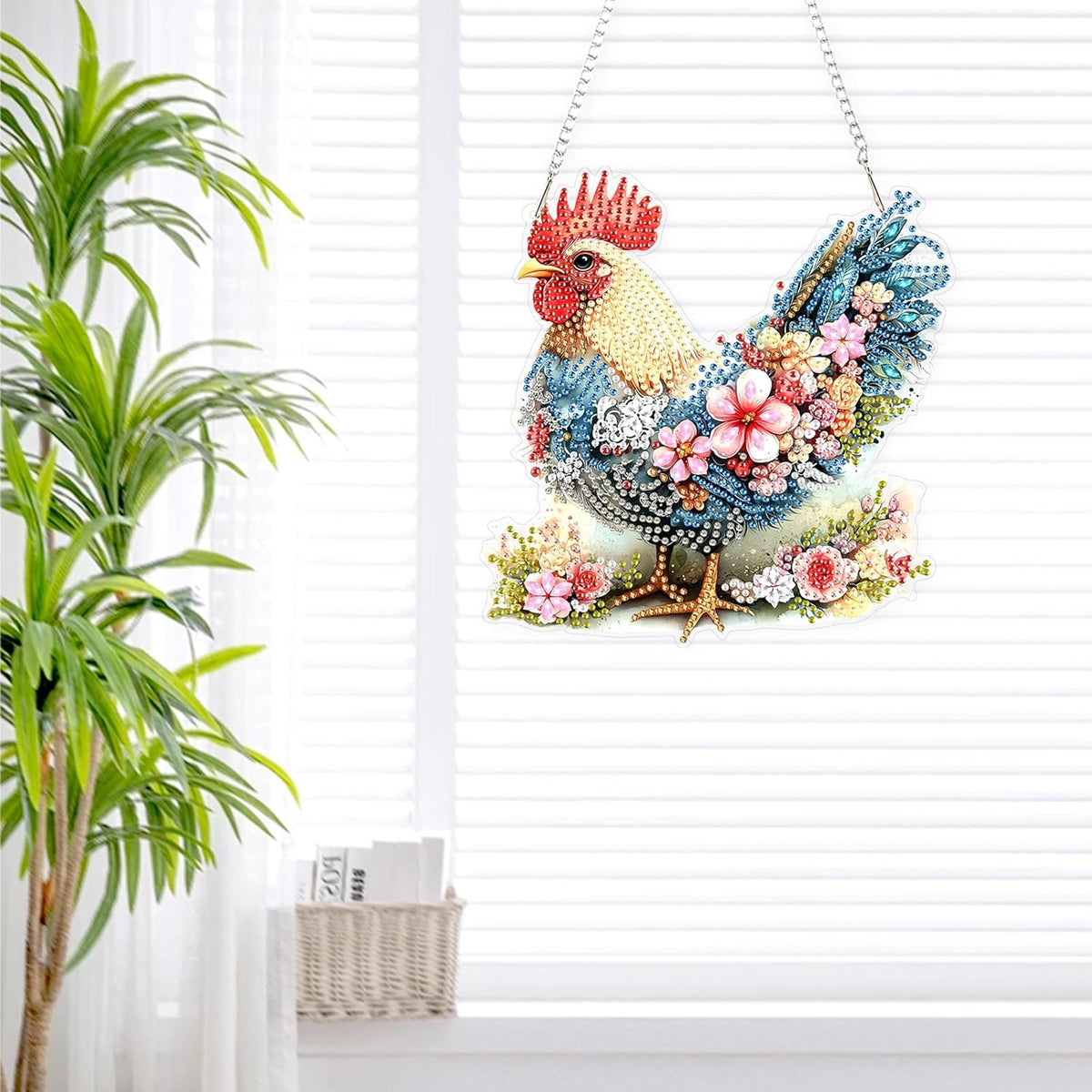 Lxmsja DIY Chicken Flowers Diamond Painting Hanging Ornament, Double-Sided Acrylic Sceney Diamond Art Kit, Special Shaped Drill Pendant Window Art Kit, Suncatcher Hanging Craft Decoration 8x7 inch
