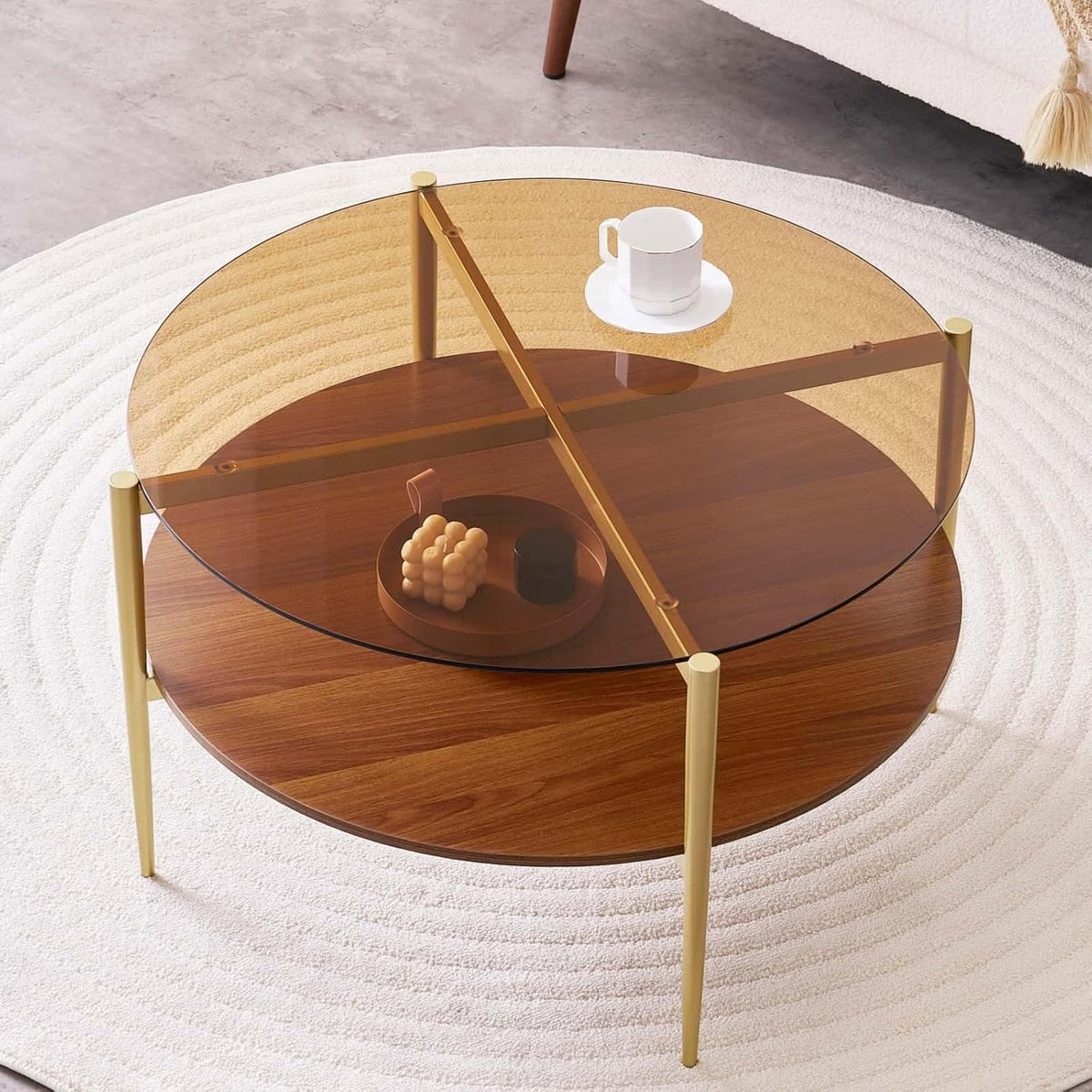 Round Coffee Table, Mid-Century Modern Design, D30 x H17, for Living Room, 2-Tier Structure, Amber Glass Top and Walnut MDF Shelf, Sleek Conical Metal Legs with Gold Finish