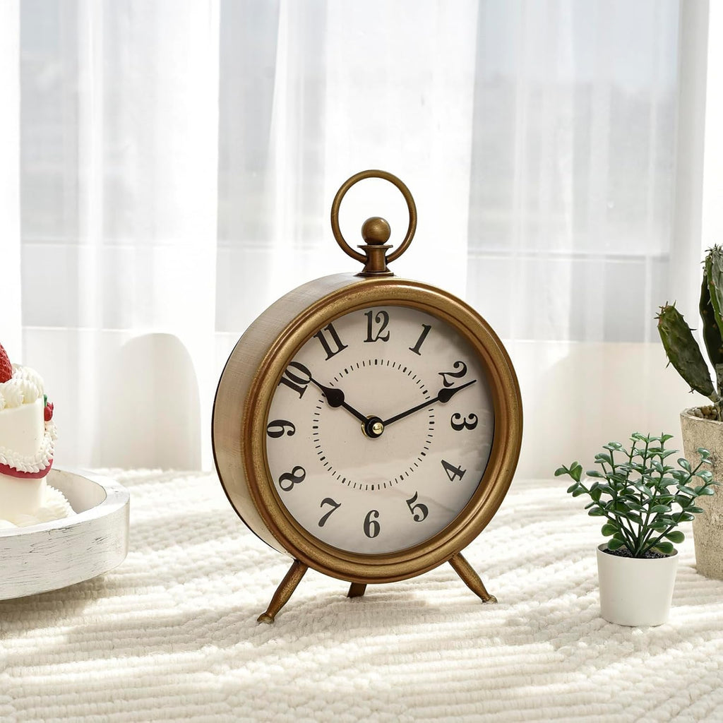 Vintage Table Clock on Stand, Decorative Desk and Shelf Clock Farmhouse Mantel Non-Ticking Clock Rustic Metal Frame with Antique Gold Finish
