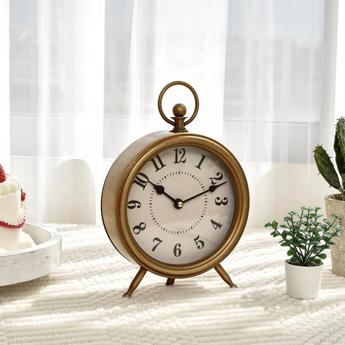 Vintage Table Clock on Stand, Decorative Desk and Shelf Clock Farmhouse Mantel Non-Ticking Clock Rustic Metal Frame with Antique Gold Finish